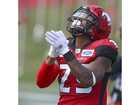 Stamps RB Don Jackson celebrates his touchdown run into the endzone in the first quarter during CFL action between the Ottawa Redblacks and the Calgary Stampeders in Calgary on Saturday, June 15, 2019. Jim Wells/Postmedia