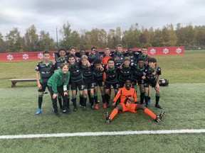 Members of Calgary Foothills under-17 boys' team celebrate after capturing the national championship.