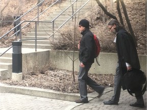 Jared Eliasson, left, and his lawyer, Zack Elias, leave the Edmonton Law Courts on Friday, April 12, 2019, after Eliasson was convicted of aggravated assault for a 2017 road-rage attack on a woman involving a crowbar. The judge stopped short of convicting on attempted murder, and Eliasson was allowed to remain out on bail until sentencing.