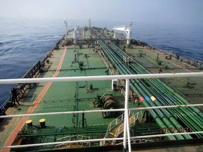 A handout picture released Iranian State TV IRIB on October 10, 2019, allegedly shows the Iranian crude oil tanker Sabiti sailing in the Red Sea. (HO/IRIB TV/AFP via Getty Images)