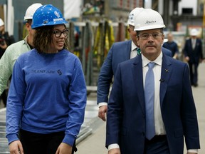 Registered Apprenticeship Program student Aurora Erickson (left) meets Premier Jason Kenney during a government of Alberta announcement of the tripling of annual funding to the CAREERS: The Next Generation program to $6 million a year by 2022-23 at Silent-Aire in Edmonton, on Monday, Oct. 28, 2019. Photo by Ian Kucerak/Postmedia