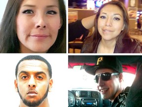 From top left, clockwise: Glynnis Fox, Tiffany Ear, Cody Pfeiffer and Hanock Afowerk. The first three were found dead in a burned vehicle in Sage Hill on July 10, 2017, while Afowerk's body was found beside Hwy 22 west of Calgary.