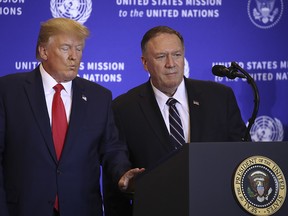 U.S. President Donald Trump and Secretary of State Mike Pompeo stand at the podium during a press conference on the sidelines of the United Nations General Assembly on Sept. 25, 2019 in New York City.