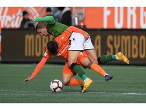 Oct 26, 2019; Hamilton, Ontario, CAN;  Cavalry FC midfielder Julian Buscher (8) battles for the ball with Forge FC midfielder Tristan Borges (19) in the first half of a Canadian Premier League soccer final match at Tim Hortons Field. Mandatory Credit: Dan Hamilton-USA TODAY Sports for CPL ORG XMIT: USATSI-415705