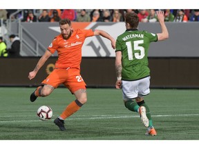 Oct 26, 2019; Hamilton, Ontario, CAN;  Forge FC forward Anthony Novak (23) shoots the ball as Cavalry FC defender Joel Waterman (15) move to block in the first half of a Canadian Premier League soccer final match at Tim Hortons Field. Mandatory Credit: Dan Hamilton-USA TODAY Sports for CPL ORG XMIT: USATSI-415705