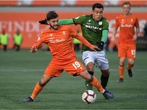 Oct 26, 2019; Hamilton, Ontario, CAN;  Forge FC midfielder Tristan Borges (19) and Cavalry FC midfielder Jose Escalante (11) battle for the ball in the first half of a Canadian Premier League soccer final match at Tim Hortons Field. Mandatory Credit: Dan Hamilton-USA TODAY Sports for CPL ORG XMIT: USATSI-415705