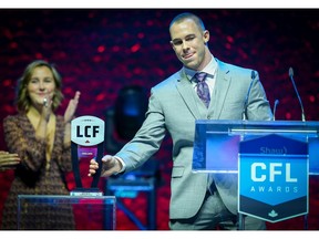 Nate Holley of the Calgary Stampeders is named the CFL's most outstanding Rookie during the 2019 Shaw CFL Awards in Calgary on Thursday, November 21, 2019 i. Al Charest/Postmedia