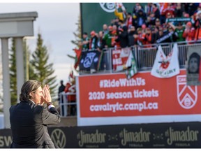 Cavalry FC head coach Tommy Wheeldon Jr. thanks the fans after his team had lost the second game of Canadian Premier League finals against Forge FC at ATCO Field at Spruce Meadows on Saturday. Photo by Azin Ghaffari/Postmedia.