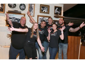 The Back Alley management crew, left to right, Jim Turner, Jessica Turner, Jamal Aly, Dennis O'Nelll, Nicole O'Neill and Evan Kaluta pose at what will again be the location of the Back Alley on Macleod Tr SW in Calgary on Friday, November 8, 2019. Recently called The Marquee, The Back Alley was fixture in Calgary club scene and is set to open soon under new management. Jim Wells/Postmedia