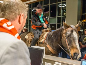 Fletcher Armstrong, past chairman of the Calgary Grey Cup committee, rides Tuffy the horse to check in at Hilton Garden Inn on Thursday, November 21, 2019. Azin Ghaffari/Postmedia Calgary