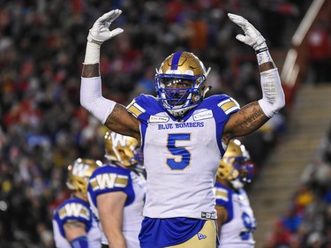 Winnipeg Blue Bombers Willie Jefferson encourages fans to cheer during the Grey Cup CFL championship football game against Hamilton Tiger-Cats on Sunday, November 24, 2019. Azin Ghaffari/Postmedia Calgary