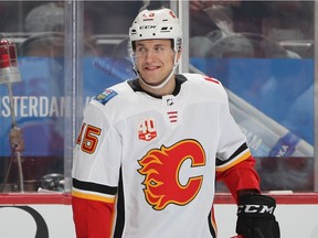 Alexander Yelesin #45 of the Calgary Flames skates in warm-ups prior to the game against the Philadelphia Flyers at the Wells Fargo Center on November 23, 2019.