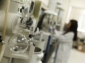 A researcher works in the laboratory at Radient Technologies in Edmonton on March 21, 2019. The company's MAP technology enables extracting, isolating and purifying food/nutraceutical ingredients used in personal care and cosmetics products, and pharmaceutical raw materials.