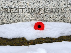 A poppy placed by a Calgary student rests in the snow at a veteran's headstone following the during the No Stone Left Alone ceremony at Burnsland Cemetery on Monday November 4, 2019.