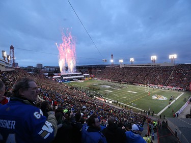 Fireworks launch at McMahon Stadium at the start of the 107th Grey Cup in Calgary Sunday, November 24, 2019. Gavin Young/Postmedia
