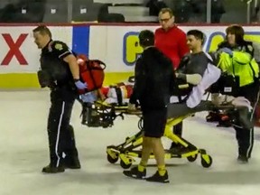 CTV Calgary video frame grab of Calgary Flames defenceman TJ Brodie, who collapsed during practice Thursday afternoon at the Scotiabank Saddledome in Calgary.