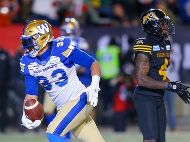 Winnipeg Blue Bombers Andrew Harris with his second touchdown against the Hamilton Tiger-Cats during the 107th Grey Cup CFL championship football game in Calgary on Sunday, November 24, 2019. Al Charest/Postmedia