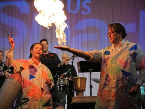 City of Calgary Councillor Gian-Carlo Carra helps out with a fiery science experiment as Telus Spark announced its plans for the next decade on Tuesday, November 12, 2019. The Roadmap for the 2020s includes a complete transformation of the galleries, an upgrade to the atrium and dome theatre, a café and ice cream on the main floor, a collection of unusual contraptions and costumes worn by floor staff and renovations to Spark’s main eatery.