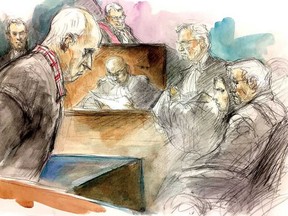Serial killer Bruce McArthur (left) pleads guilty to eight counts of first-degree murder. (Pam Davies sketch)