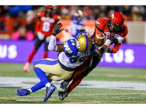 Calgary Stampeders Brandon Smith breaks up a pass intended for Rasheed Bailey of the Winnipeg Blue Bombers during CFL football in Calgary on Saturday, October 19, 2019. Al Charest/Postmedia