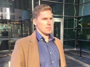 Former Mount Royal hockey captain Matthew Brown leaves the Calgary Courts Centre. Brown is accused of attacking an MRU professor Janet Hamnett in her Springbank Hill home last year.
