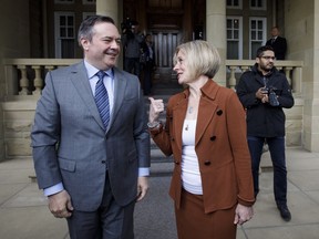 Premier Jason Kenney and Rachel Notley meet in Edmonton on April 18, 2019. A legislature meeting on budget numbers got very personal when Premier Jason Kenney accused NDP Leader Rachel Notley of being ignorant to Alberta's plight and Notley questioned Kenney's loyalty to Canada. The angry cross-talk erupted when Notley asked Kenney why he was threatening to hold a referendum on equalization even though Alberta has no direct power to change the Constitutionally protected federal funding scheme.