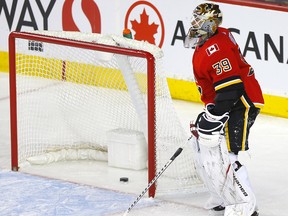 Calgary Flames Cam Talbot surrenders a goal by the Dallas Stars on Wednesday, Nov. 13, 2019.