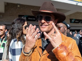 Actor Matthew McConaughey celebrates Hamiltons sixth F1 world title ahead of the F1 Grand Prix of USA at Circuit of The Americas in Austin, Texas on Nov. 3, 2019. (SUZANNE CORDEIRO/AFP via Getty Images)