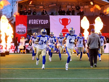 The Winnipeg Blue Bombers take the field during the 107th Grey Cup CFL championship football game in Calgary on Sunday, November 24, 2019. Al Charest/Postmedia