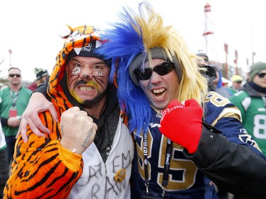 Thousands of fans ham it up during the Tailgate party at McMahon stadium during the 107th Grey Cup in Calgary on Sunday, November 24, 2019. Darren Makowichuk/Postmedia