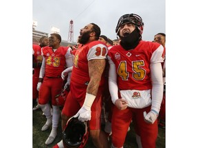 University of Calgary Dinos celebrate after defeating the University of Saskatchewan Huskies 29-4 in the Hardy Cup at McMahon Stadium on Saturday November 9, 2019 Gavin Young/Postmedia