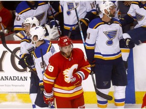 Calgary Flames Elias Lindholm reacts after losing to the St. Louis Blues 3-1 at the Scotiabank Saddledome in Calgary on Saturday December 22, 2018. Darren Makowichuk/Postmedia