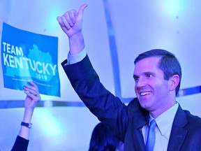 Kentucky's Attorney General Andy Beshear, running for governor against Republican incumbent Matt Bevin reacts to statewide election results at his watch party in Louisville, Ky., Nov. 5, 2019.