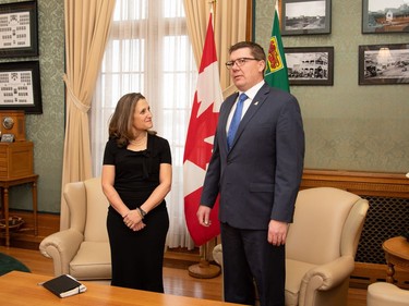 Deputy Prime Minister Chrystia Freeland meets with Saskatchewan Premier Scott Moe at the legislative building, in Regina, Tuesday, Nov. 26, 2019.