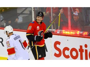 Calgary Flames Matthew Tkachuk celebrates after his goal against the Florida Panthers during NHL hockey in Calgary on Thursday October 24, 2019. Al Charest / Postmedia