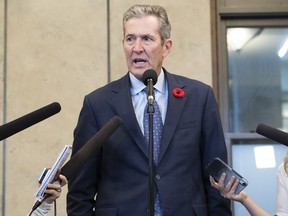 Manitoba Premier Brian Pallister speaks to reporters after meeting with Prime Minister Justin Trudeau, not shown, on Parliament Hill in Ottawa, on Friday, Nov. 8, 2019. Justin Tang/The Canadian Press