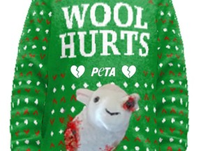 Wool Hurts ugly Christmas sweater being sold by PETA.