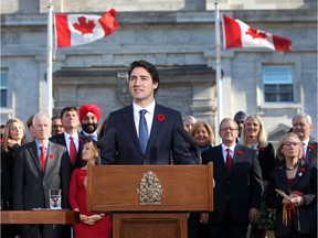 Justin Trudeau and his cabinet speak to the crowds and the media at Rideau Hall on Nov. 4, 2015 after their swearing in.