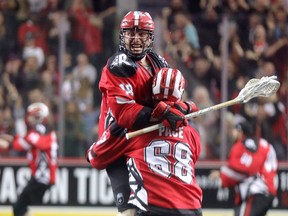 Rhys Duch celebrates his overtime goal as the Calgary Roughnecks defeat the Buffalo Bandits, winning the NLL Champion's Cup at the Saddledome on May 25, 2019.