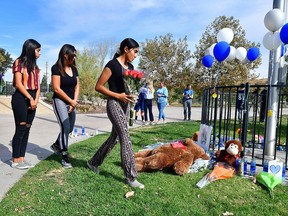 Flowers are delivered to a makeshift memorial in Central Park, not far from Saugus High School on November 15, 2019 in Santa Clarita. (FREDERIC J. BROWN/AFP via Getty Images)
