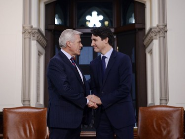 Prime Minister Justin Trudeau meets with Premier of Newfoundland and Labrador the Dwight Ball on Parliament Hill in Ottawa on Tuesday, Nov. 26, 2019.