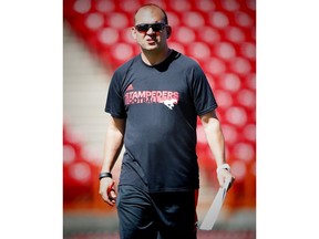 Calgary Stampeders, receivers coach, Pete Costanza during practice getting set to host the RedBlacks on Thursday in the teams home opener. AL CHAREST/POSTMEDIA