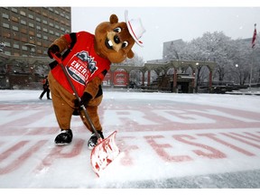 Buddy The Beaver does his best to clear snow as the Grey Cup was paraded down Stephen Avenue mall to the Olympic Plaza to kick off the 107th Grey Cup festivities in Calgary on Tuesday. Photo by Darren Makowichuk/Postmedia.