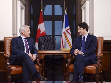Prime Minister Justin Trudeau meets with Premier of Newfoundland and Labrador the Dwight Ball on Parliament Hill in Ottawa on Tuesday, Nov. 26, 2019.