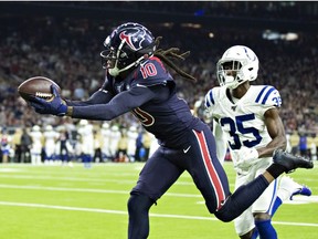 DeAndre Hopkins of the Houston Texans catches a pass for a touchdown during the second half of a game against the Indianapolis Colts at NRG Stadium on November 21, 2019 in Houston, Texas.