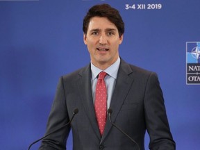 Prime Minister Justin Trudeau speaks at the NATO summit at the Grove hotel on December 4, 2019 in Watford, England. (Photo by Steve Parsons - WPA Pool/Getty Images)