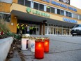 Candles are seen outside the Ostrava Teaching Hospital after a shooting incident on December 10, 2019 in Ostrava, Czech Republic.