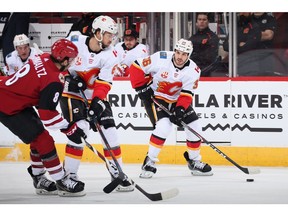 Zac Rinaldo of the Calgary Flames carries the puck during the first period of the NHL game against the Arizona Coyotes at Gila River Arena on Tuesday night in Glendale, Ariz.