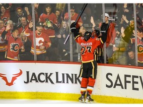 Calgary Flames Sean Monahan celebrates a goal against Los Angeles Kings during the second period at Scotiabank Saddledome on Saturday, December 7, 2019. Azin Ghaffari/Postmedia