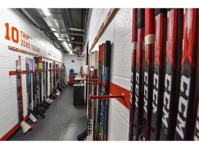 Pictured is Calgary Flames hockey sticks room at Scotiabank Saddledome on Friday, December 13, 2019. Azin Ghaffari/Postmedia